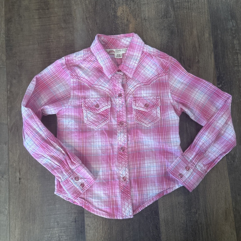 Cumberland Outfitters Girls XS Plaid Pearl Snap Western Shirt Rodeo Country Pink